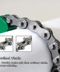 Close-up of toothed chain showcasing industrial design with grip features for Yellow All Purpose Belt Strap Wrench With 23 Inch Adjustable Strap And 12 Inch Steel Handle Six Point Three Inch Capacity Anti Slip Helical Burr Three Layer Tetolon For Heavy Duty Grip.