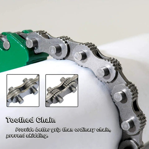 Close-up of toothed chain showcasing industrial design with grip features for Yellow All Purpose Belt Strap Wrench With 23 Inch Adjustable Strap And 12 Inch Steel Handle Six Point Three Inch Capacity Anti Slip Helical Burr Three Layer Tetolon For Heavy Duty Grip.