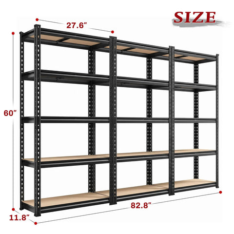 Set Of 3 Heavy Duty 5 Tier Garage Shelves With 2000 Lbs Load Capacity Per Unit, showing size dimensions as 60 inch tall.