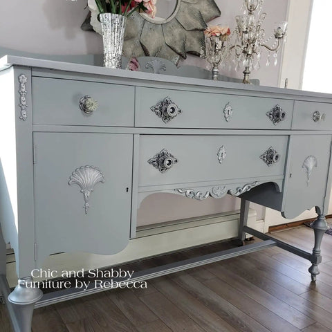 Vintage dresser painted with Manatee Gray Chalk Finish Furniture Paint for DIY Lovers, matte chalk paint, light gray with blue undertones.