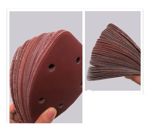 Super Cool 140X98Mm Triangular Sandpaper Sheets With 6 Hole Design For Fast Dust Extraction and Hook Loop Attachment stacked for easy access.
