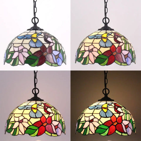 Cream Amber Hummingbird Stained Glass Lampshade Replacement 12 By 12 By 6 Inch With 1 5/8 Inch Fitter Opening, floral design