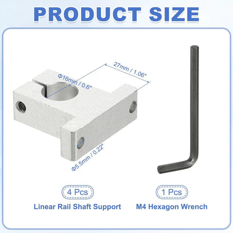 Aluminum 16 Millimeter ID Linear Rail Mounting Bracket Set for Slick Smooth Motion with M4 wrench, dimensions shown.