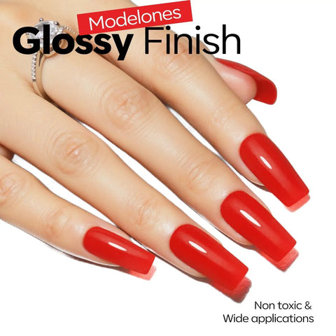Manicured nails with glossy neon red finish using Red Gel Nail Polish 15ml HEMA Free Neon Summer Soak Off UV Gel Long Lasting