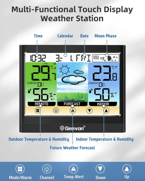 Wireless Indoor Outdoor Weather Station With Thermometer Hygrometer Dew Point And Heat Index Touchscreen LCD Display