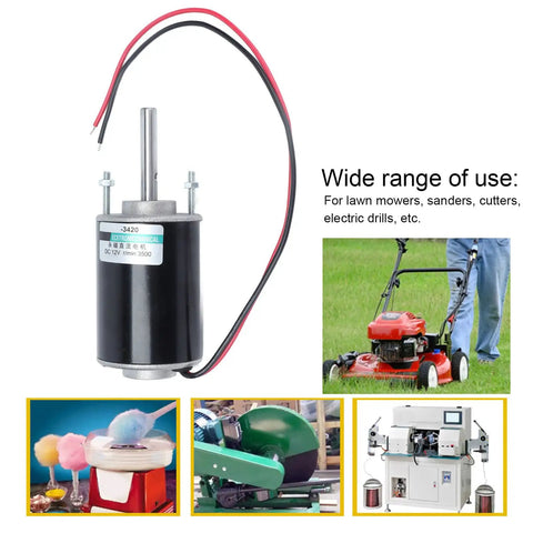 High Speed Permanent Magnet DC Motor 30W With Ball Bearings Runs Super Smooth And Quiet For Robotics DIY Projects CNC Accessories 12V 3500 RPM CW CCW Reversible long shaft gear drive system with black casing and wires.