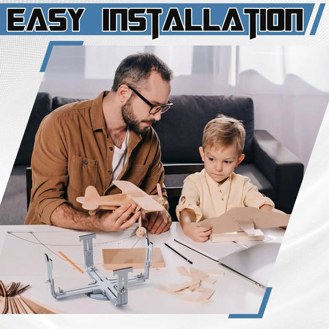 Father and son assembling model planes with Adjustable RC Plane Stand With 360 Degree Rotating Base For Painting And Maintenance