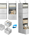 Versatile Six Shelf Hanging Closet Organizer With Split Shelf Design And Three Removable Drawers For Ultimate Flexibility Plus Four Mesh Storage Pockets.