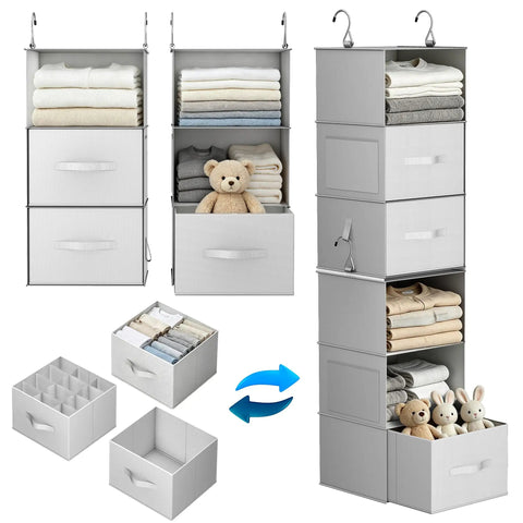 Versatile Six Shelf Hanging Closet Organizer With Split Shelf Design And Three Removable Drawers For Ultimate Flexibility Plus Four Mesh Storage Pockets.