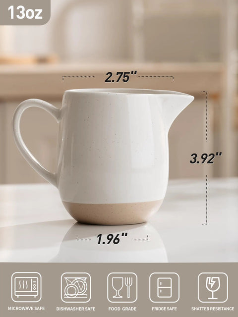 13oz Creamer With Handle Ceramic Pitcher For Coffee, Milk, Syrup And Sauce, Multipurpose Stoneware Jug, White, side view