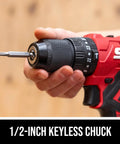 Tough As Nails 20V Brushless Cordless Hammer Drill Kit With Quick Charge Battery And Secure Case holding a 1/2-inch keyless chuck.