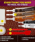 Leather And Vinyl Repair Kit For Tears Holes Scratches And Peeling On Leather And Vinyl Furniture Car Seats And Jackets With Customizable Colors And Easy Application All In One Solution showing repair compounds, brush, spatula, and fabric backing.