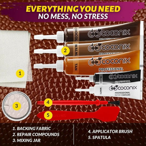 Leather And Vinyl Repair Kit For Tears Holes Scratches And Peeling On Leather And Vinyl Furniture Car Seats And Jackets With Customizable Colors And Easy Application All In One Solution showing repair compounds, brush, spatula, and fabric backing.