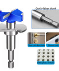 Top Notch 5 Piece Adjustable Depth Forstner Drill Bit Set With Hex Shank Carbide Tipped for door lock and drawer installations.