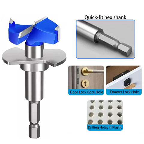 Top Notch 5 Piece Adjustable Depth Forstner Drill Bit Set With Hex Shank Carbide Tipped for door lock and drawer installations.