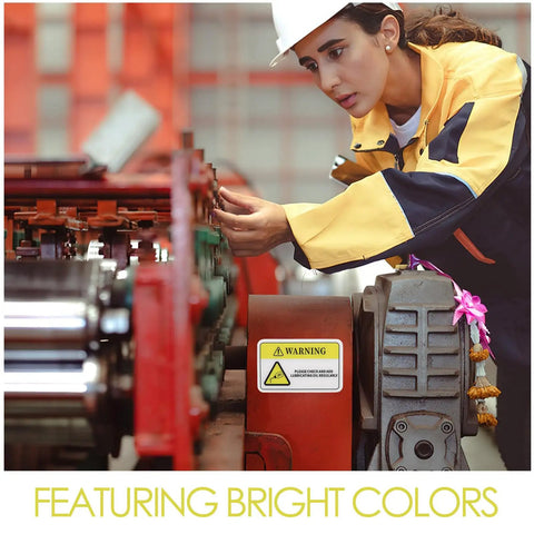 Worker inspecting machinery with PVC Safety Warning Sign Stickers 10 Pack Self Adhesive For Machinery And Equipment In Factory Or Warehouse