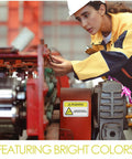 Worker examining machinery with a High Visibility PVC Safety Warning Sticker For Machinery And Equipment Self Adhesive Decals.