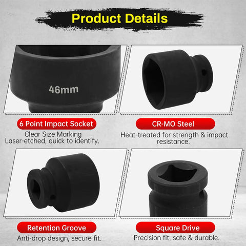 Heavy Duty 1/2 Inch Drive 46Mm Deep Impact Socket For 6 Point Axle Nut And Wheel Hub Nut Removal, CR MO Steel, Metric Heavy Duty Tool Built For High Torque Auto Work And Industrial Use, showing features like laser marking, CR-MO steel, and retention groove.