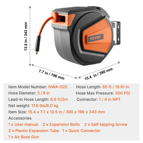 Shop Grade Retractable Air Hose Reel With Sixty Five Foot Three Eighths Inch Hybrid Hose Auto Rewind 300 PSI enclosed reel