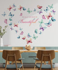 Black Girl Magic Wall Decals You Are Beautiful Inspirational Stickers featuring colorful butterflies forming a heart on a wall.