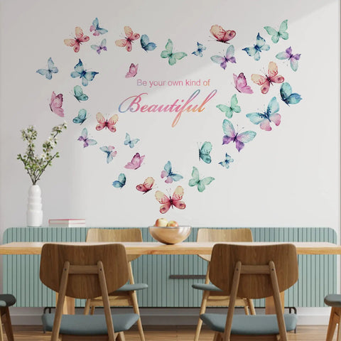 Black Girl Magic Wall Decals You Are Beautiful Inspirational Stickers featuring colorful butterflies forming a heart on a wall.