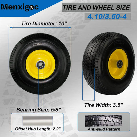 10 Inch Solid Tire And Wheel For Hand Trucks Garden Wagons Carts And Dollies, 4.10/3.50-4 Size, showing key features.