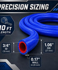 Heavy Duty Silicone Heater Hose With Three Layer Braided Core For Automotive Coolant Radiator Flow Delivering 276 Psi Burst Proof Strength In Ten Foot Straight Blue Profiles Paired With Five Stainless Clamps, showing length, ID, OD, and wall thickness.