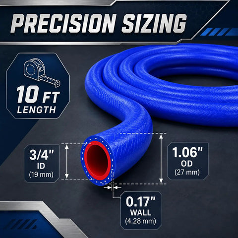 Heavy Duty Silicone Heater Hose With Three Layer Braided Core For Automotive Coolant Radiator Flow Delivering 276 Psi Burst Proof Strength In Ten Foot Straight Blue Profiles Paired With Five Stainless Clamps, showing length, ID, OD, and wall thickness.