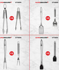 Comparison of stainless steel fork, spatula, tongs, and silicone brush in 4 Piece BBQ Grill Tools Set With Spatula Fork Tongs And Silicone Brush For Outdoor Grilling On Gas Charcoal Electric And Smokers A Complete Barbecue Tool Kit For Everyday Grilling And A Killer Fathers Day Gift For Dad versus alternative products on marble background.