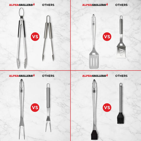 Comparison of stainless steel fork, spatula, tongs, and silicone brush in 4 Piece BBQ Grill Tools Set With Spatula Fork Tongs And Silicone Brush For Outdoor Grilling On Gas Charcoal Electric And Smokers A Complete Barbecue Tool Kit For Everyday Grilling And A Killer Fathers Day Gift For Dad versus alternative products on marble background.