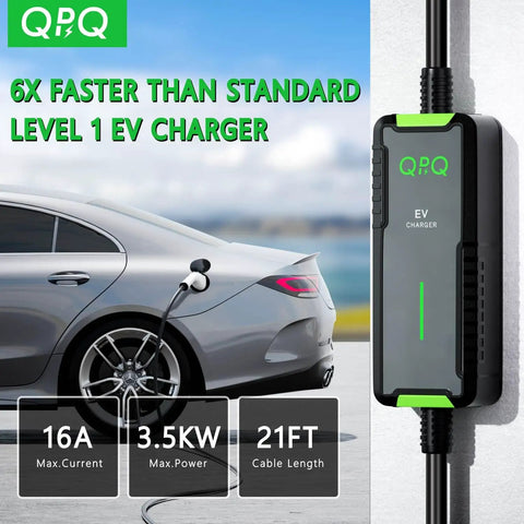 Portable Level One And Two EV Charger With 16 Amp Muscle And A Tough 21 Foot Cord Made For Every J1772 Electric Model charging a car.
