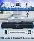 Desktop Computer Speakers With Clear Stereo Sound And Flowing LED Lights, Bluetooth And USB Input, Black on desk setup