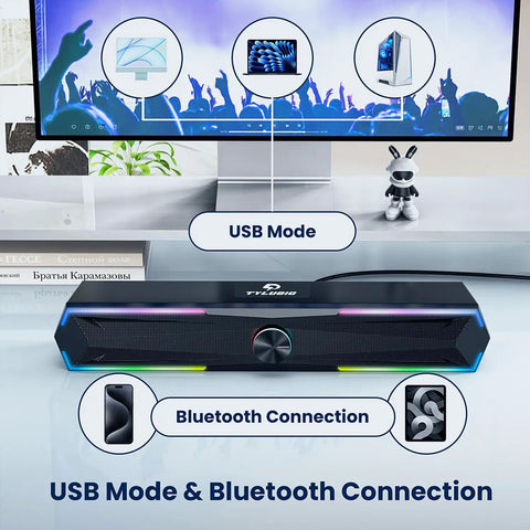 Desktop Computer Speakers With Clear Stereo Sound And Flowing LED Lights, Bluetooth And USB Input, Black on desk setup