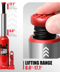 Heavy Duty 6 Ton Hydraulic Bottle Jack For Cars, Trucks And SUVs, Welded Steel Construction With Manual Handle, red lifting range 8.6-17.1 inches