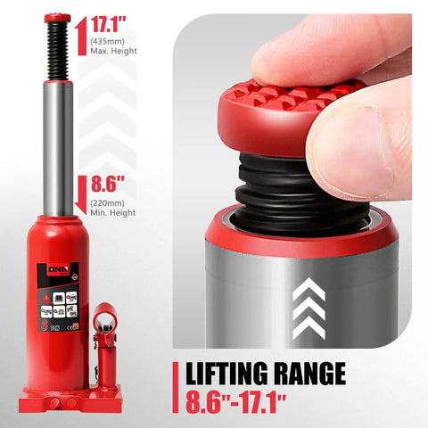 Heavy Duty 6 Ton Hydraulic Bottle Jack For Cars, Trucks And SUVs, Welded Steel Construction With Manual Handle, red lifting range 8.6-17.1 inches