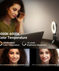 Woman using Clip On Desk Ring Light for Video Calls and Streaming, 5 Inch USB LED BR60 Ring Light With Clip Mount and Mini Tripod