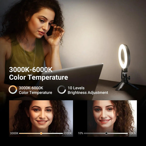 Woman using Clip On Desk Ring Light for Video Calls and Streaming, 5 Inch USB LED BR60 Ring Light With Clip Mount and Mini Tripod