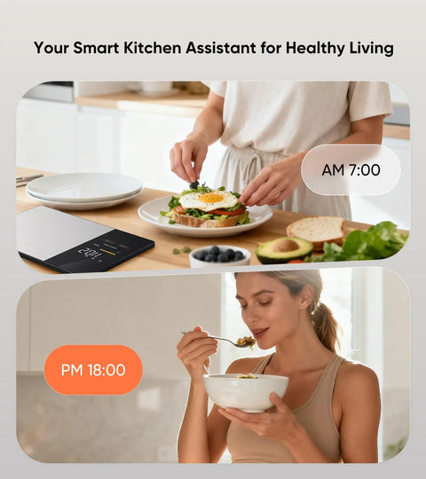 Smart Nutrition Scale With LED Display And App Tracking shown with meal prepping for calorie and macro tracking at home