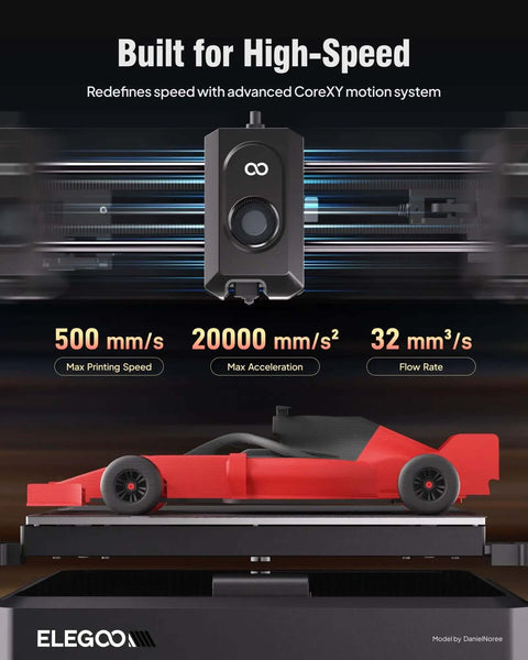 Centauri Carbon CoreXY 3D Printer With Auto Calibration 320C Nozzle Built In Camera Plug And Play Ready To Print Out Of The Box Ultra Fast Up To 500mm Per Second 256x256x256mm Build Volume showing a high-speed printing of a red car model.