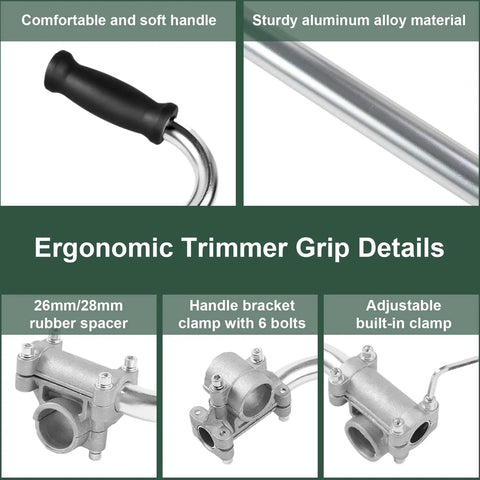 Two Pack Ergonomic Trimmer Handle Set With Bracket Clamp For Aluminum Lawn Trimmers, details of handle and clamps.