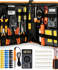 Pro Grade Cat5 Cat6 Rj45 Crimping Tool Kit With 50 Connectors Wire Stripper Punch Down Wrench And Tester in a zippered case.