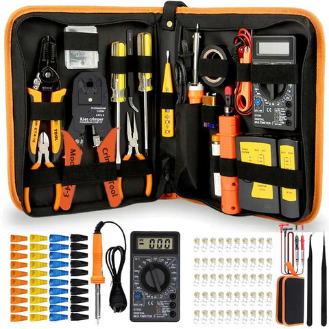 Pro Grade Cat5 Cat6 Rj45 Crimping Tool Kit With 50 Connectors Wire Stripper Punch Down Wrench And Tester in a zippered case.