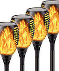 Four Pack Solar Tiki Torch Lights Outdoor With Brighter Bulbs And Quick Charging Larger Solar Panel For IP65 Waterproof Backyard Patio Lighting Safe No Flame Alternative And Romantic Nighttime Ambience For Backyard Chill Nights showcasing realistic flame design.