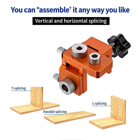 Skip The Guesswork With This Top Shelf Double Hole Drill Positioner Jig For Woodworking And Cabinet Builds, orange drill jig for vertical and horizontal splicing.