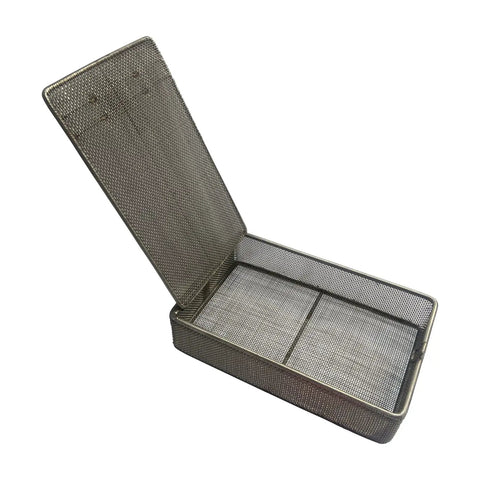 Heavy Duty Stainless Steel Dishwasher Basket Featuring Lockable Lid And Extra Fine Perforated Mesh For No Sweat Parts Washing And Slick Kitchen Organization Daily, open view.