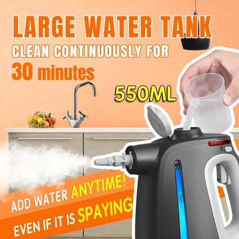 Top Shelf Handheld Steam Cleaner For Complete Home Care, showing 550ML water tank in use, ideal for kitchens and bathrooms.