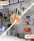 Before and after image of garage with Beefy 9 Level Wall Mount Wood Storage Rack With 1080 Lbs Capacity, Rugged Garage Shelving.