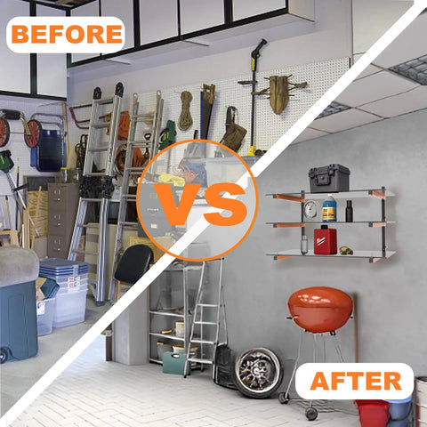 Before and after image of garage with Beefy 9 Level Wall Mount Wood Storage Rack With 1080 Lbs Capacity, Rugged Garage Shelving.