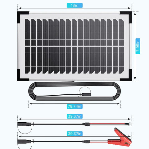 Two Pack 15W Solar Battery Maintainer With Smart Controller showing dimensions and cables, 13x7.95 inches panel.