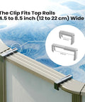 Side view of poolside drink bar table clips fitting top rails, dimensions 4.5 to 8.5 inches wide, for above ground pools.